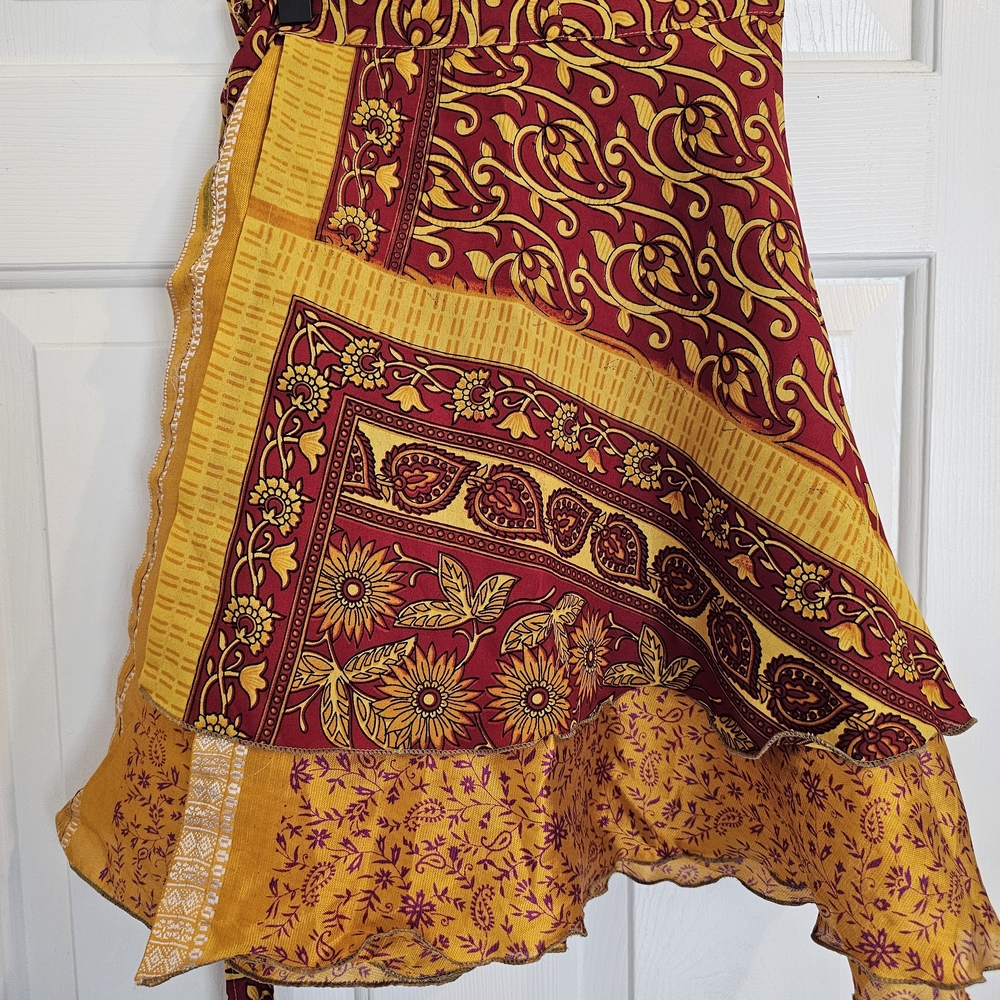 Sari Wrap Skirt, mini,Bohemian Patchwork Floral Maxi Skirt in Mustard & Burgundy